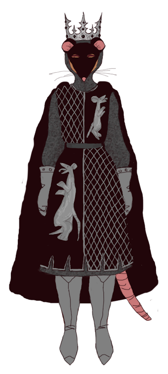 digital sketch of costume for the rat king: medieval military-ish uniform, black tabard with silver embroidery of rats as heraldic beasts, faux chainmail undergarment with hood, light grey gauntlets and boots, black masquerade-style rat mask with pink ears and nose, pink rat tail, silver medieval crown with scary points and black stones inset, big black cloak